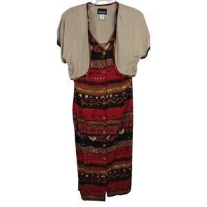 4094)Vtg John Roberts Multi color Tribe Print Button Dwn Bolero Long Dress Sz 12
